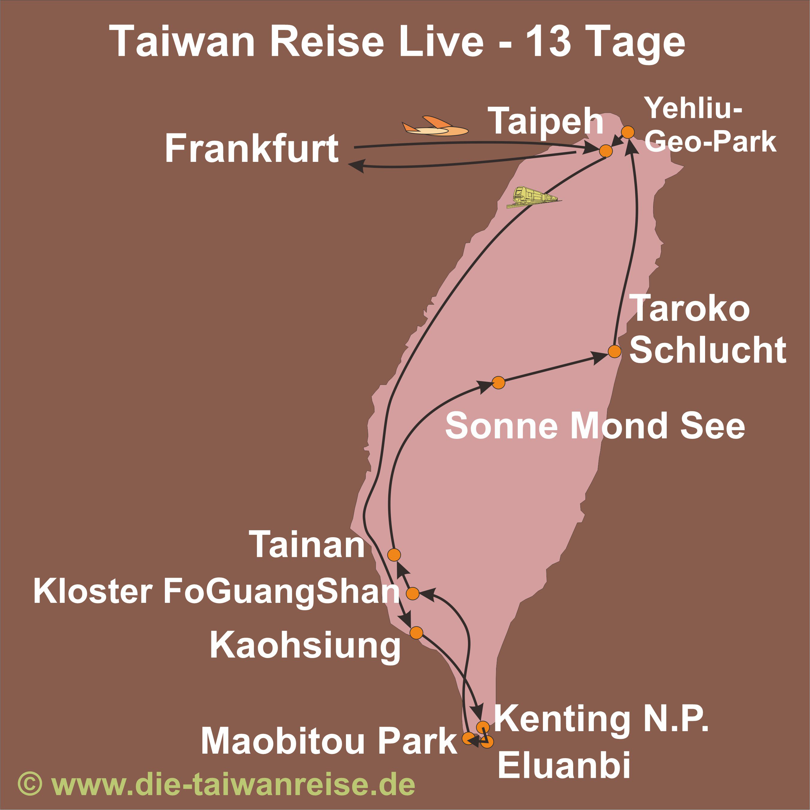Taiwan Reise - Karte der Reiseroute fuer Ihren Taiwan Urlaub