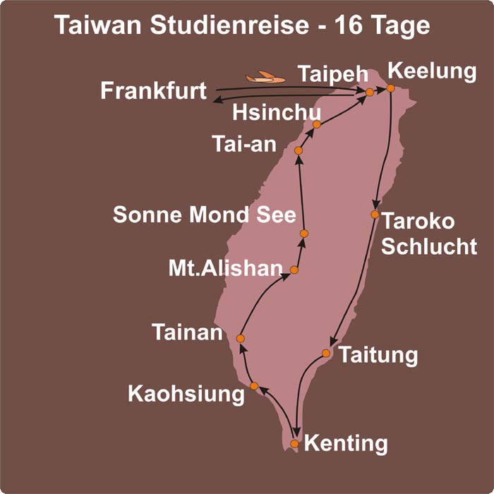 Karte der Route der Studienreisen Taiwan